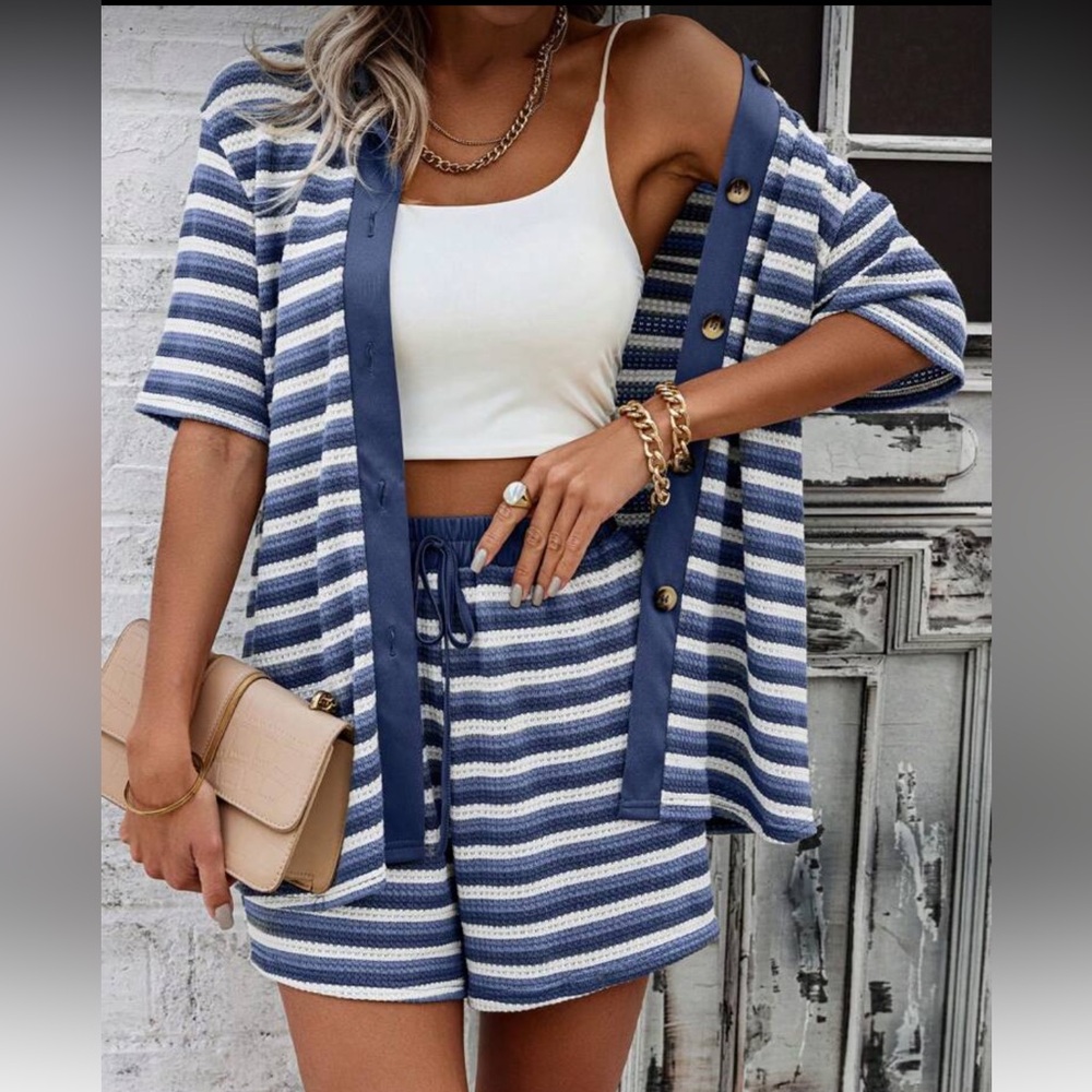 Blue and White Striped Knit Set